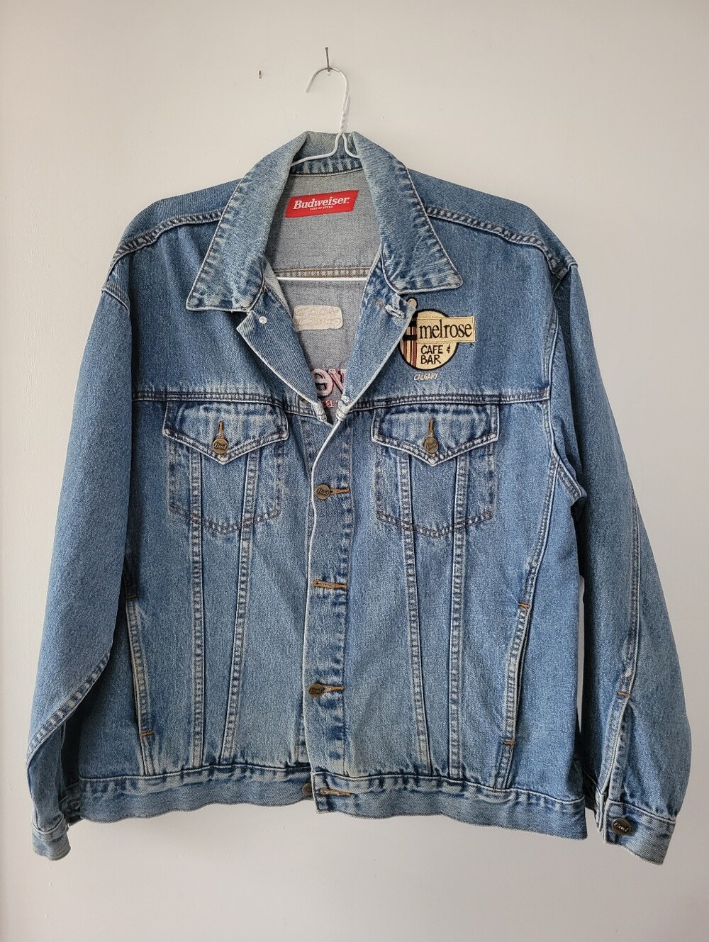 VINTAGE 90s Budweiser Denim Jacket XL Melrose Cafe Calgary Canada Trucker Rare